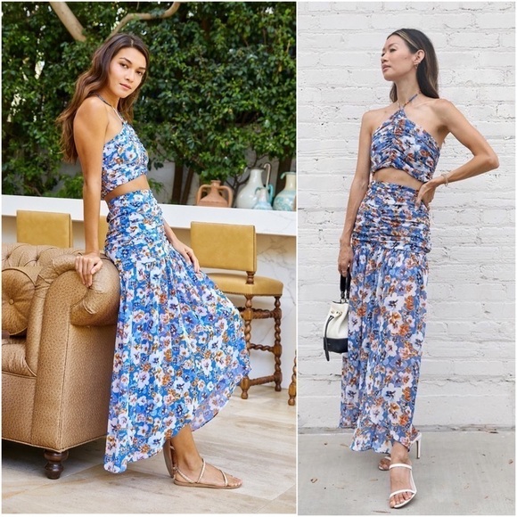 MISA LOS ANGELES Floral Ruched Smocked Sleeveless Halter Neck Chiffon Crop Top M - Picture 6 of 16